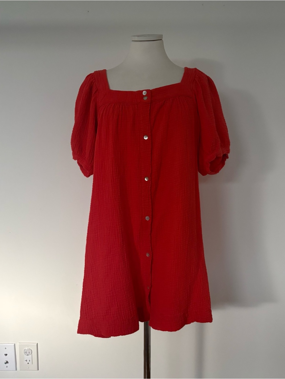 Honorine Square Neckline Red Cotton Muslin Mini Dress M